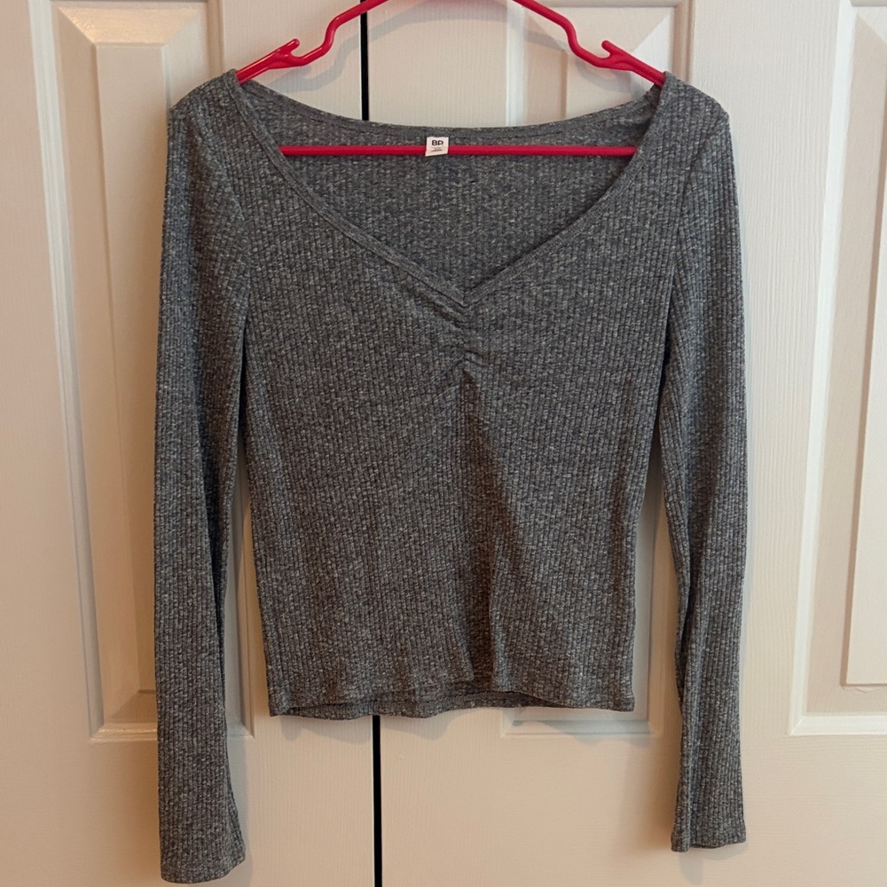 Gray Ribbed Long Sleeve Top